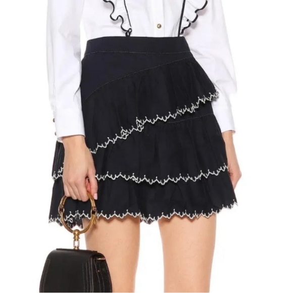 Ulla Johnson Ella Skirt Navy Embroidered Layered Tiered Scalloped Edge - Picture 1 of 6